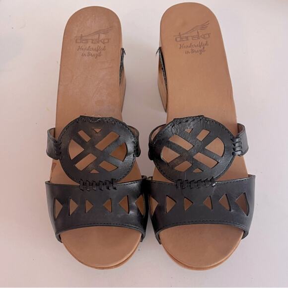 Dansko Oralee Wooden Heel Platform Sandal Womens 11 Black Leather Slide Open Toe - Picture 2 of 12